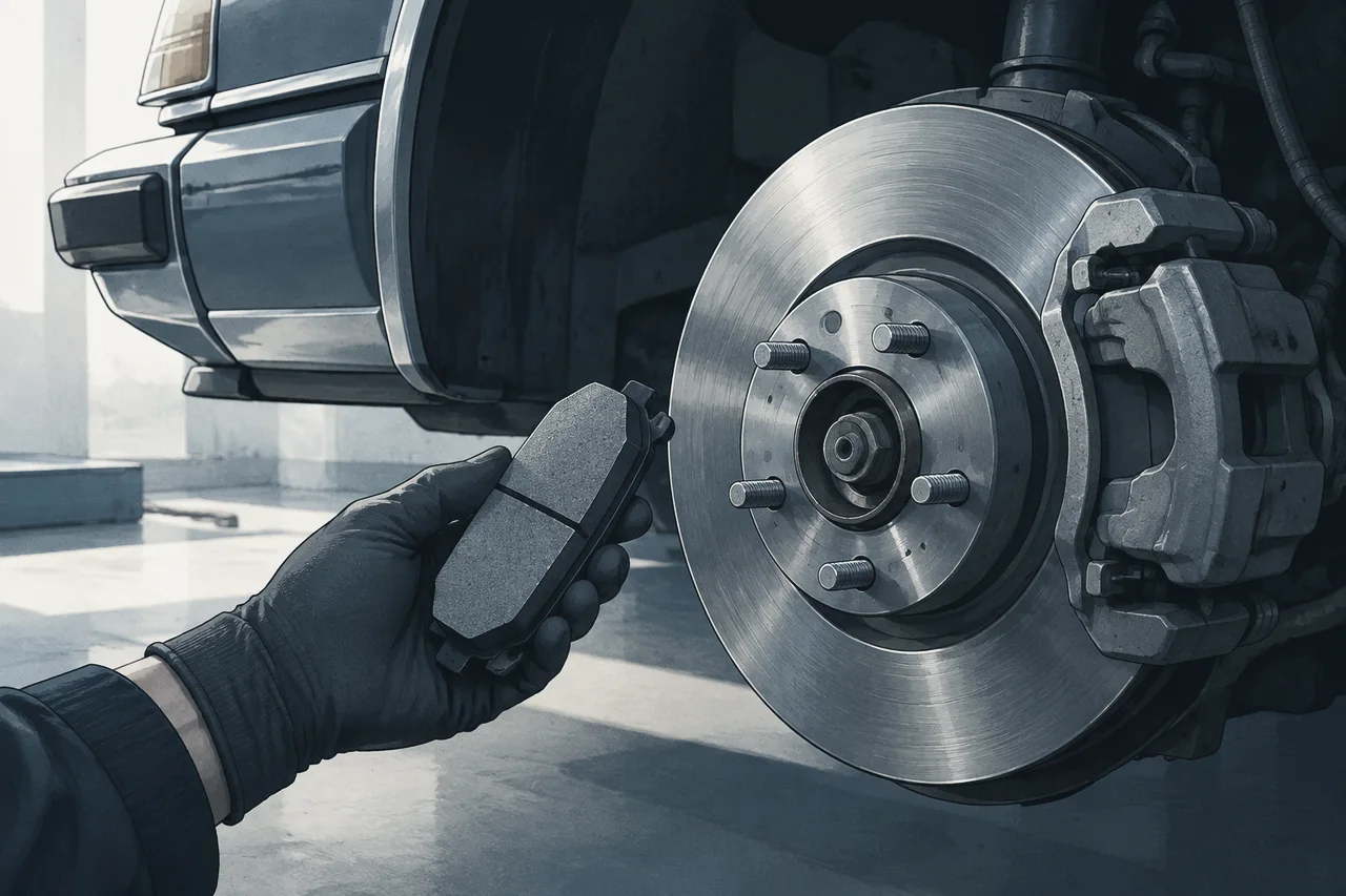 Illustration of a gloved hand holding a new brake pad beside a brake disc and caliper