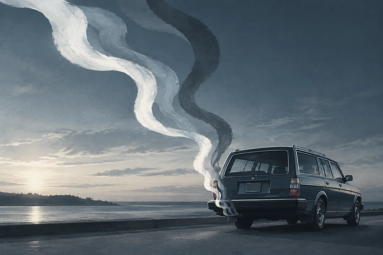 Illustration of a boxy wagon with three ribbons of exhaust smoke rising: white, blue-gray and dark