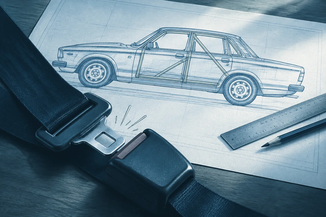 Illustration of a three-point seat belt buckle on a blueprint drawing of a classic sedan